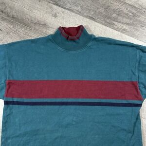 VNTG 80s LL Bean Large Green Blue‎ Knit Sweater  Pullover Mock Neck Made In USA